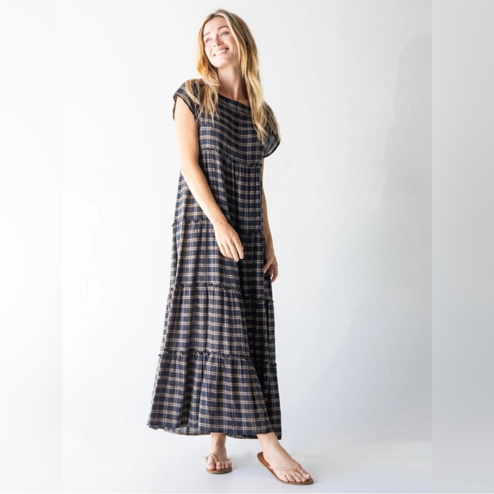 NWT Natural Life Plaid Berkley Maxi Dress 100% Cotton Navy Tan Medium
